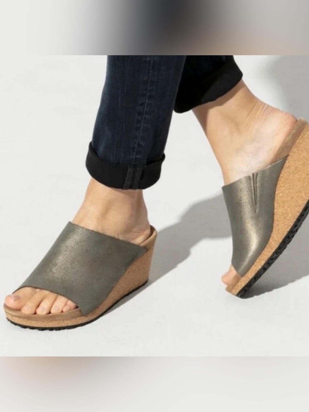 Birkenstock Papillion Namica Wedge Shoes Sandals Metallic Gold Suede sz 42 NWT